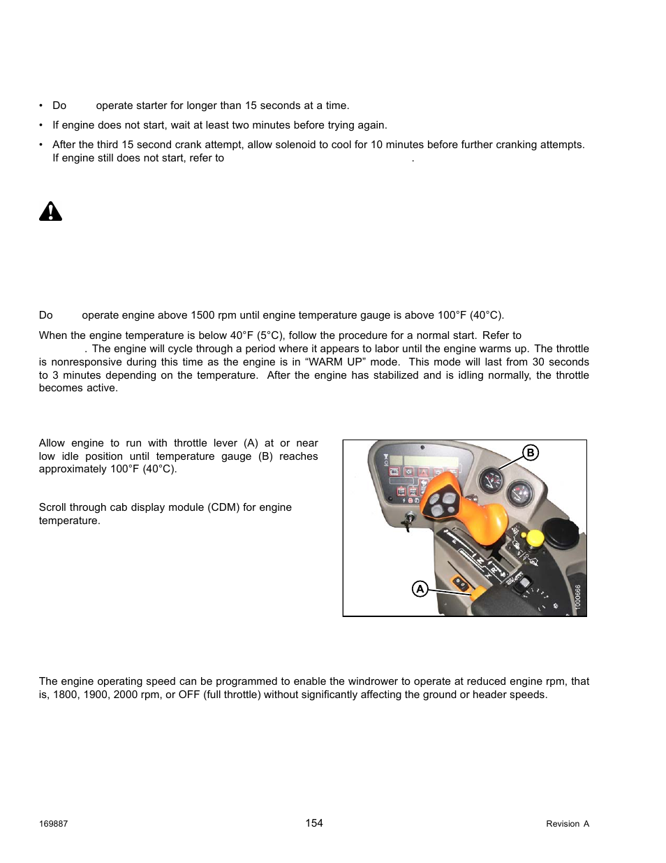 Cold start, Engine warm-up, Engine intermediate speed control (isc) | Engine intermediate, Warning | MacDon M205 Operators Manual User Manual | Page 170 / 482