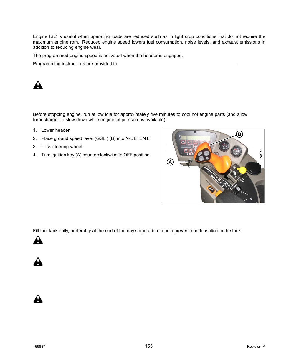 Shutting down the engine, Filling fuel tank, Shutting down the engine filling fuel tank | Caution, Danger, Warning | MacDon M205 Operators Manual User Manual | Page 171 / 482