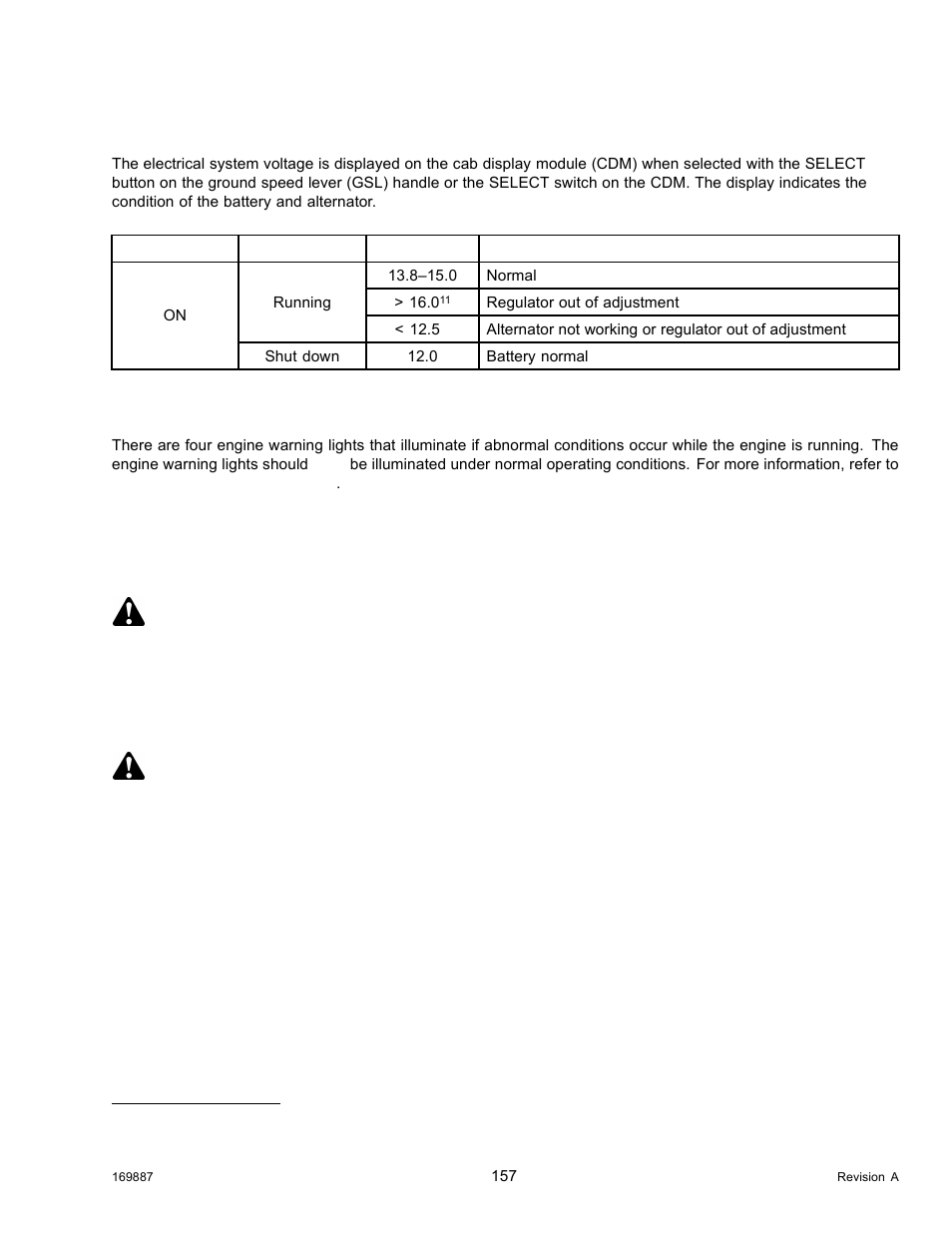 Electrical, Engine warning lights, 6windrower operation | Electrical engine warning lights, Windrower operation, 6 windrower operation warning, Warning | MacDon M205 Operators Manual User Manual | Page 173 / 482