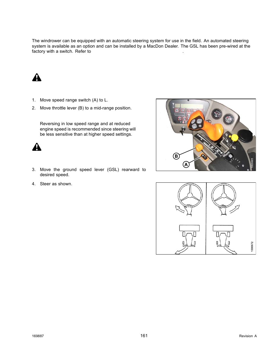 Driving in reverse in cab-forward mode, Warning, Caution | MacDon M205 Operators Manual User Manual | Page 177 / 482