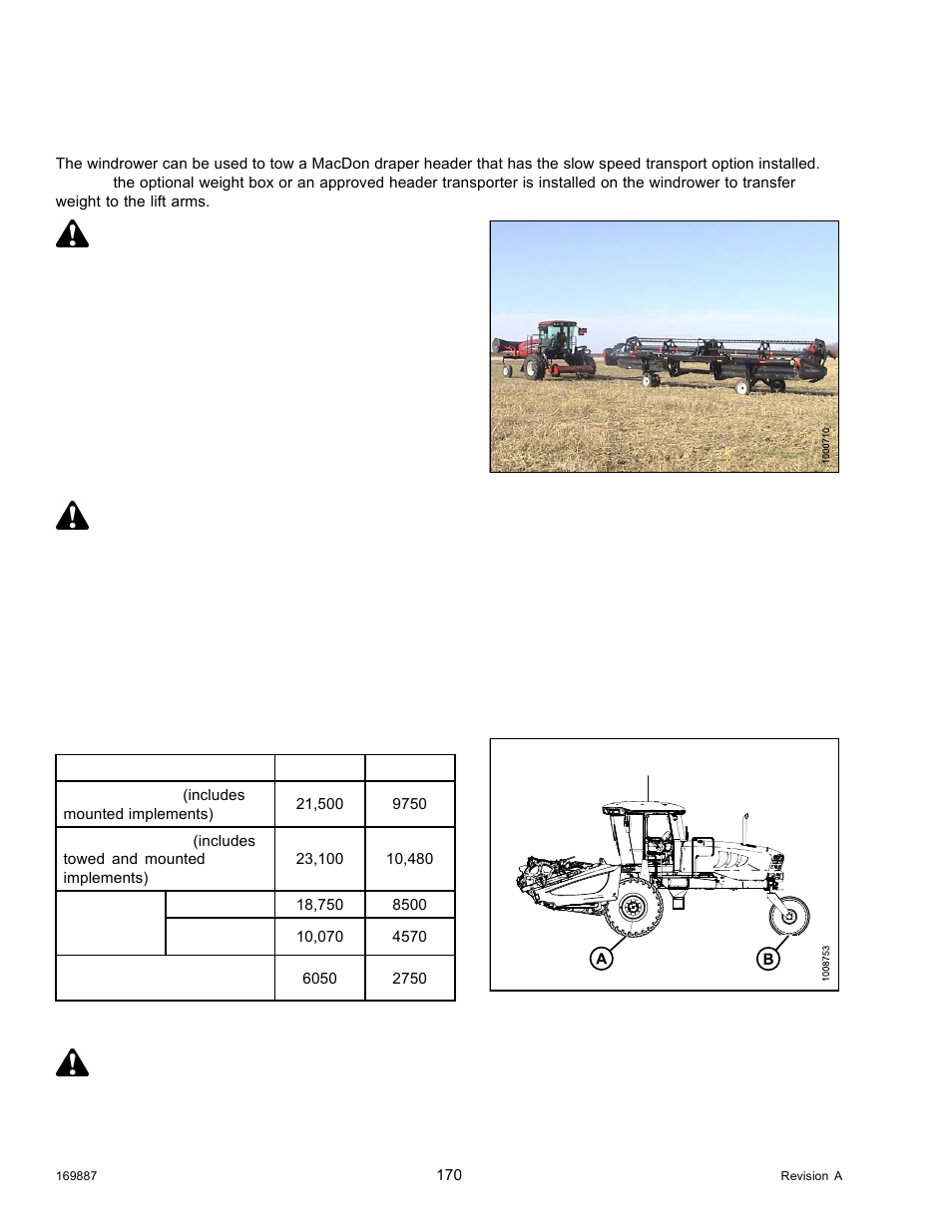 Towing header with windrower, Converting from field to transport mode, Table 4.1 maximum weight | Towing header, Towing header with, Warning, Caution, Danger | MacDon M205 Operators Manual User Manual | Page 186 / 482