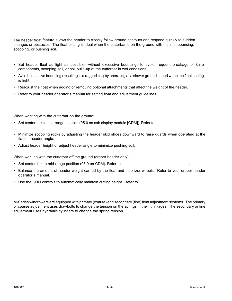 2header float, Float operating guidelines, Checking float | Header float, Float operating guidelines checking float, 2 header float | MacDon M205 Operators Manual User Manual | Page 200 / 482