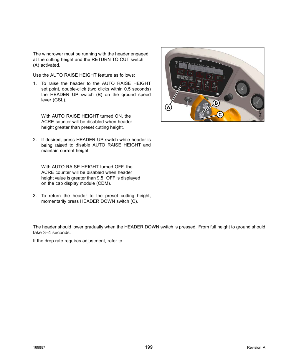 Using the auto raise height feature, 9header drop rate, Header drop rate | 9 header drop rate | MacDon M205 Operators Manual User Manual | Page 215 / 482