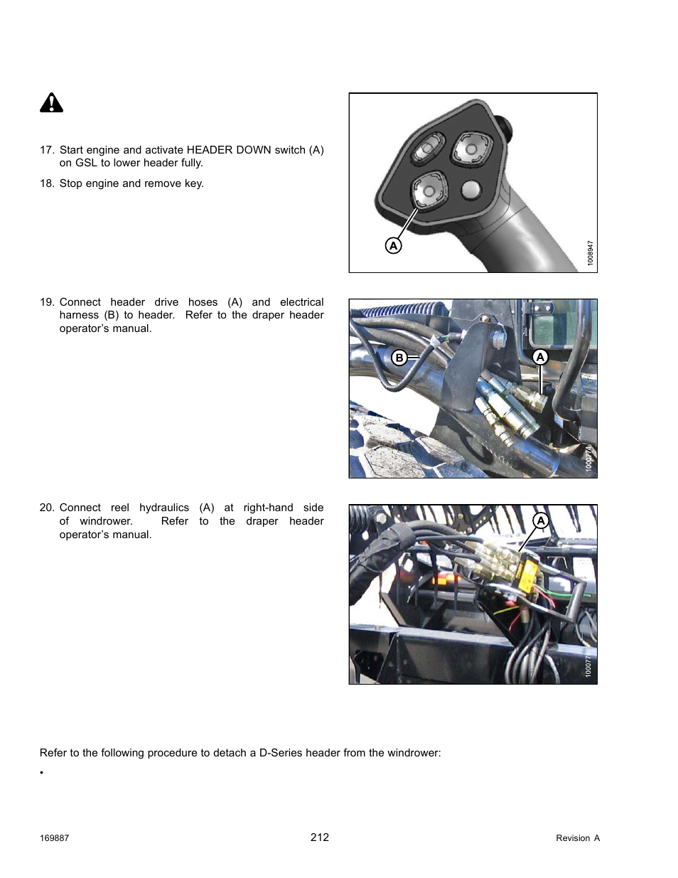 2detaching a d-series header, Detaching a d-series header, Caution | 2 detaching a d-series header | MacDon M205 Operators Manual User Manual | Page 228 / 482