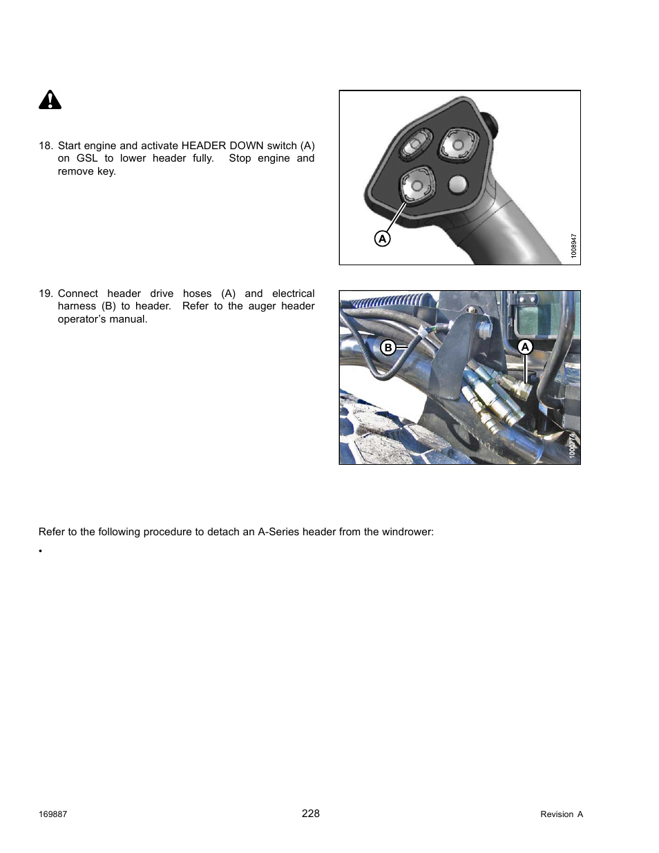 4detaching an a-series header, Detaching an a-series header, Caution | 4 detaching an a-series header | MacDon M205 Operators Manual User Manual | Page 244 / 482