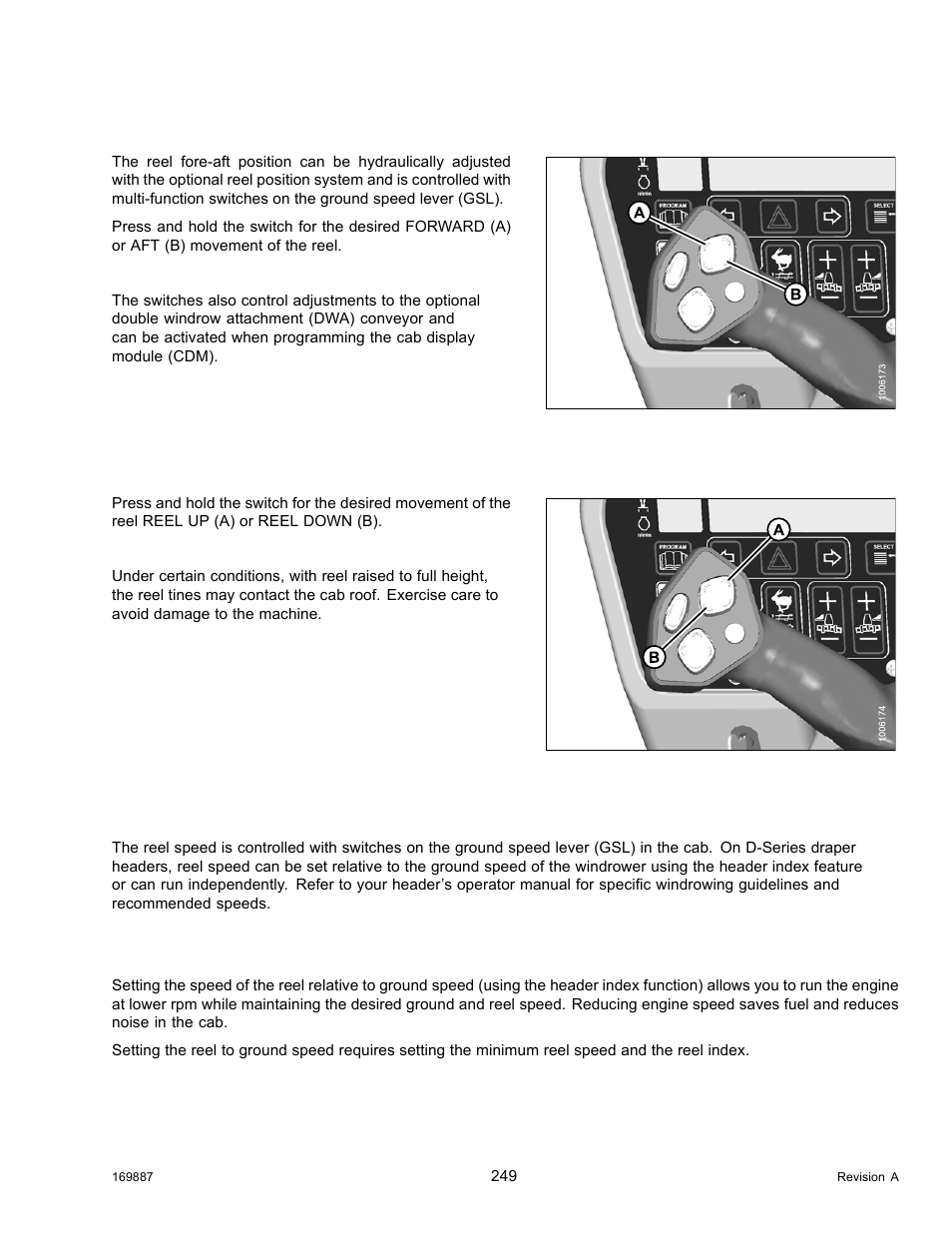3adjusting the reel fore-aft position, 4adjusting the reel height, 5reel speed | Setting reel to ground speed, Adjusting the reel fore-aft position, Adjusting the reel height, Reel speed, 3 adjusting the reel fore-aft position, 4 adjusting the reel height, 5 reel speed | MacDon M205 Operators Manual User Manual | Page 265 / 482
