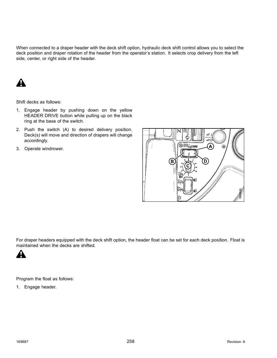 8deck shift control, Deck shift, Setting float options with deck shift | Deck shift control, Deck shift setting float options with deck shift, Setting, 8 deck shift control, Caution | MacDon M205 Operators Manual User Manual | Page 274 / 482
