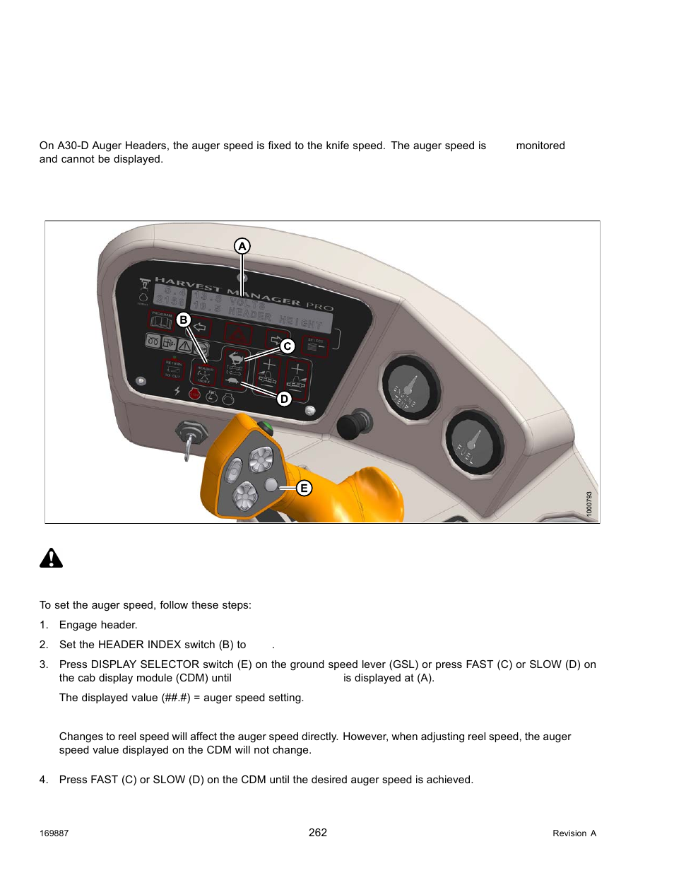 1auger speed, Auger speed on a30-d headers, Setting the auger speed on a40-d headers | Auger speed, 1 auger speed, Caution | MacDon M205 Operators Manual User Manual | Page 278 / 482