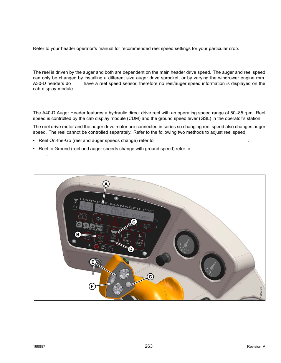 2reel speed, Reel speed on a30-d headers, Reel speed on a40-d headers | Adjusting reel speed “on the go, Reel speed, 2 reel speed | MacDon M205 Operators Manual User Manual | Page 279 / 482