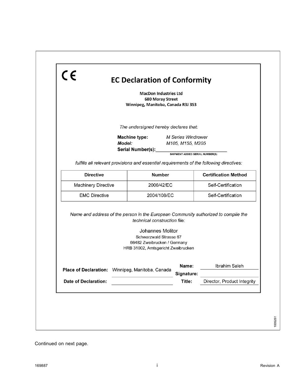 Declaration of conformity | MacDon M205 Operators Manual User Manual | Page 3 / 482