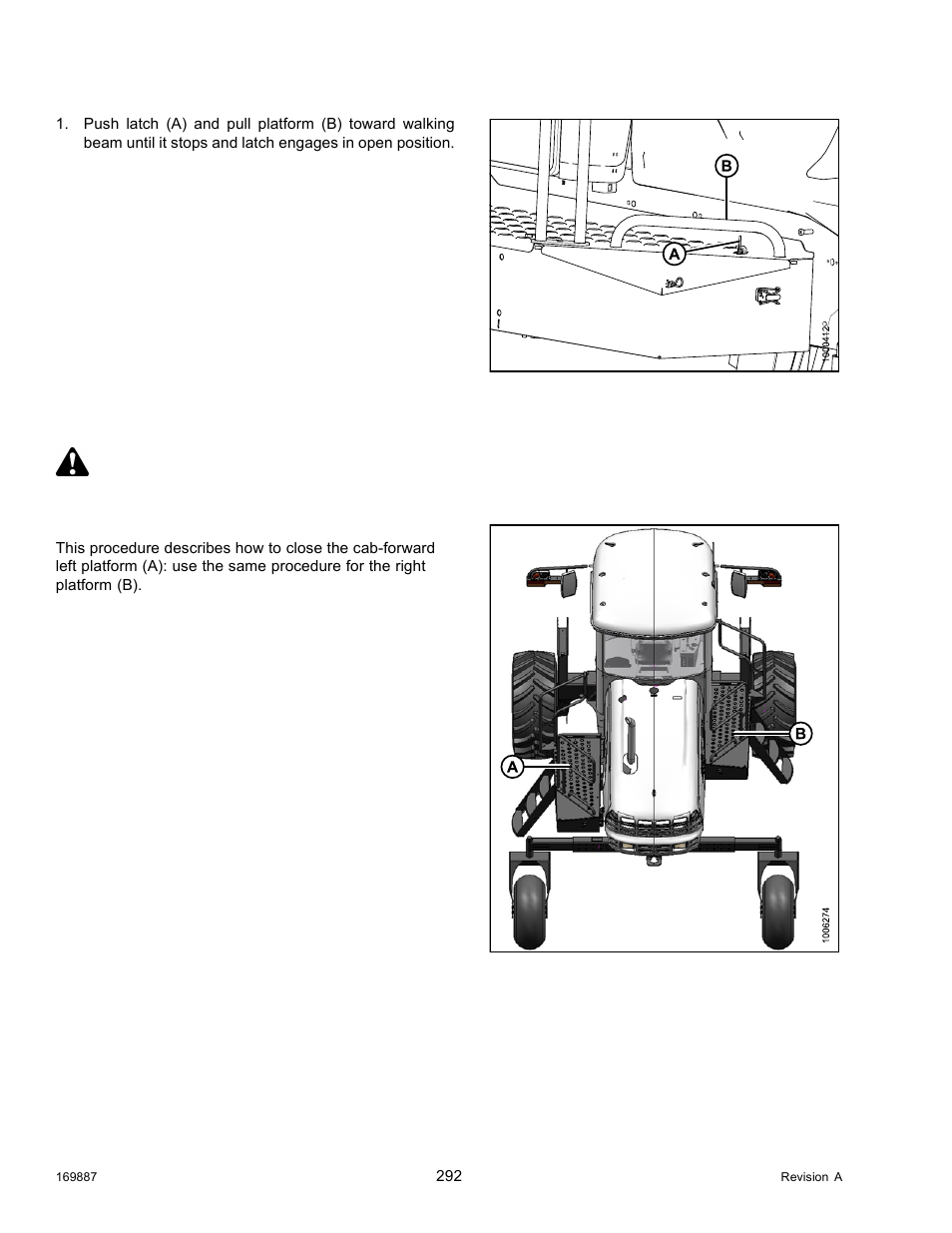2closing platforms (standard position), Closing platforms (standard position), 2 closing platforms (standard position) caution | MacDon M205 Operators Manual User Manual | Page 308 / 482