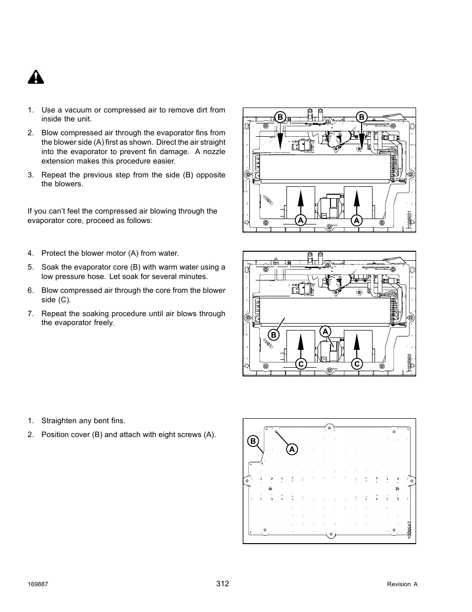 Cleaning air conditioning evaporator core, Installing air conditioning cover, Warning | MacDon M205 Operators Manual User Manual | Page 328 / 482