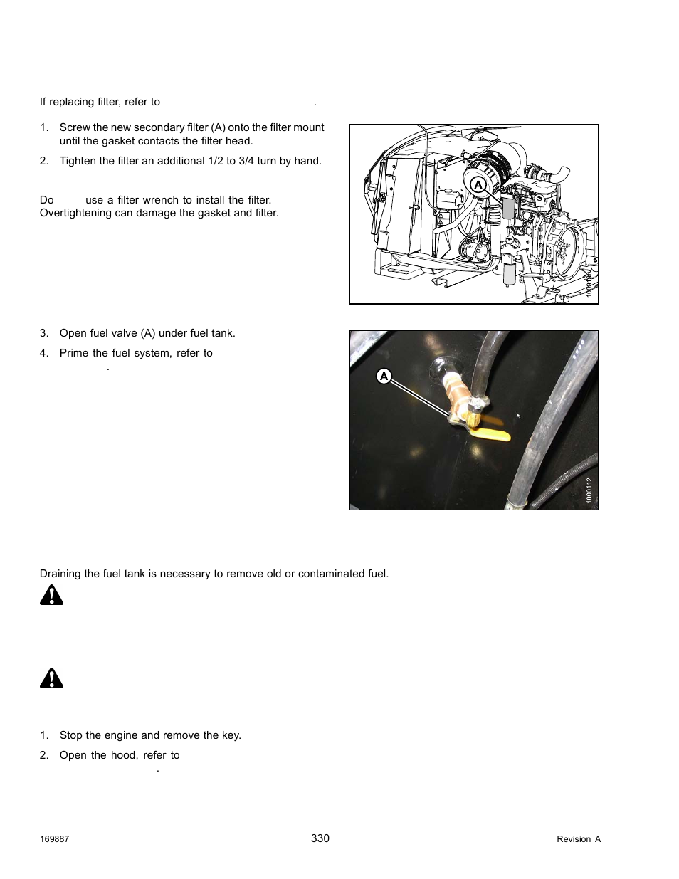 Draining fuel tank, Warning, Danger | MacDon M205 Operators Manual User Manual | Page 346 / 482