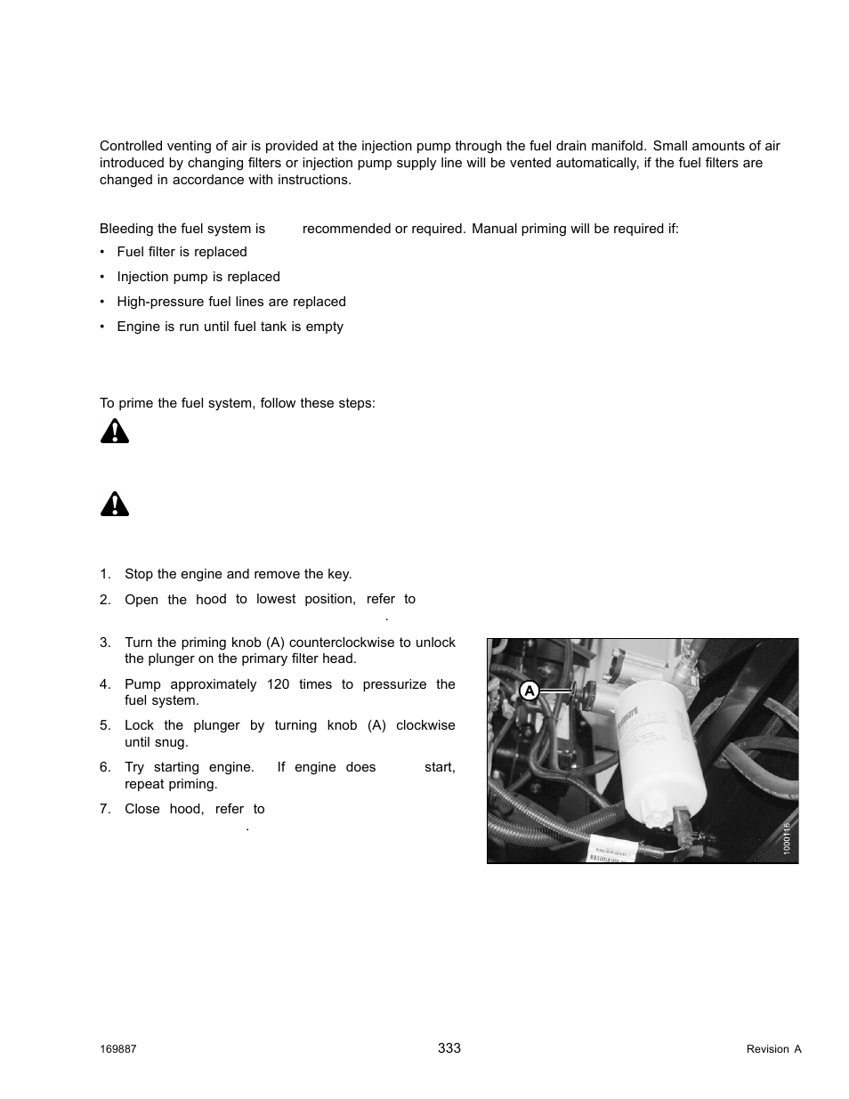 System priming, Priming fuel system, Danger | Warning | MacDon M205 Operators Manual User Manual | Page 349 / 482