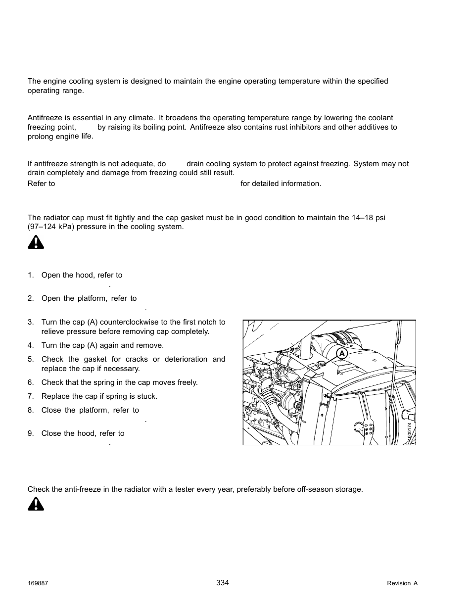 Engine cooling system, Inspecting radiator cap, Checking engine coolant strength | Caution | MacDon M205 Operators Manual User Manual | Page 350 / 482