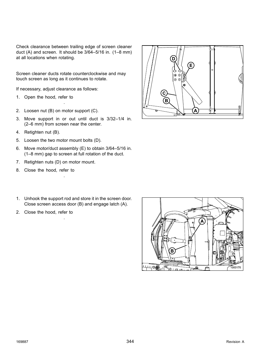 Adjusting screen cleaner duct to screen clearance, Closing cooler box screen, Adjusting screen cleaner duct to screen | Closing cooler, Closing cooler box | MacDon M205 Operators Manual User Manual | Page 360 / 482