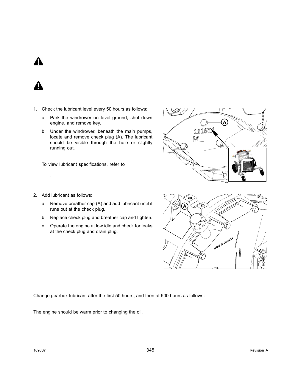 Gearbox, Checking lubricant level and adding lubricant, Changing lubricant | Caution, Danger | MacDon M205 Operators Manual User Manual | Page 361 / 482