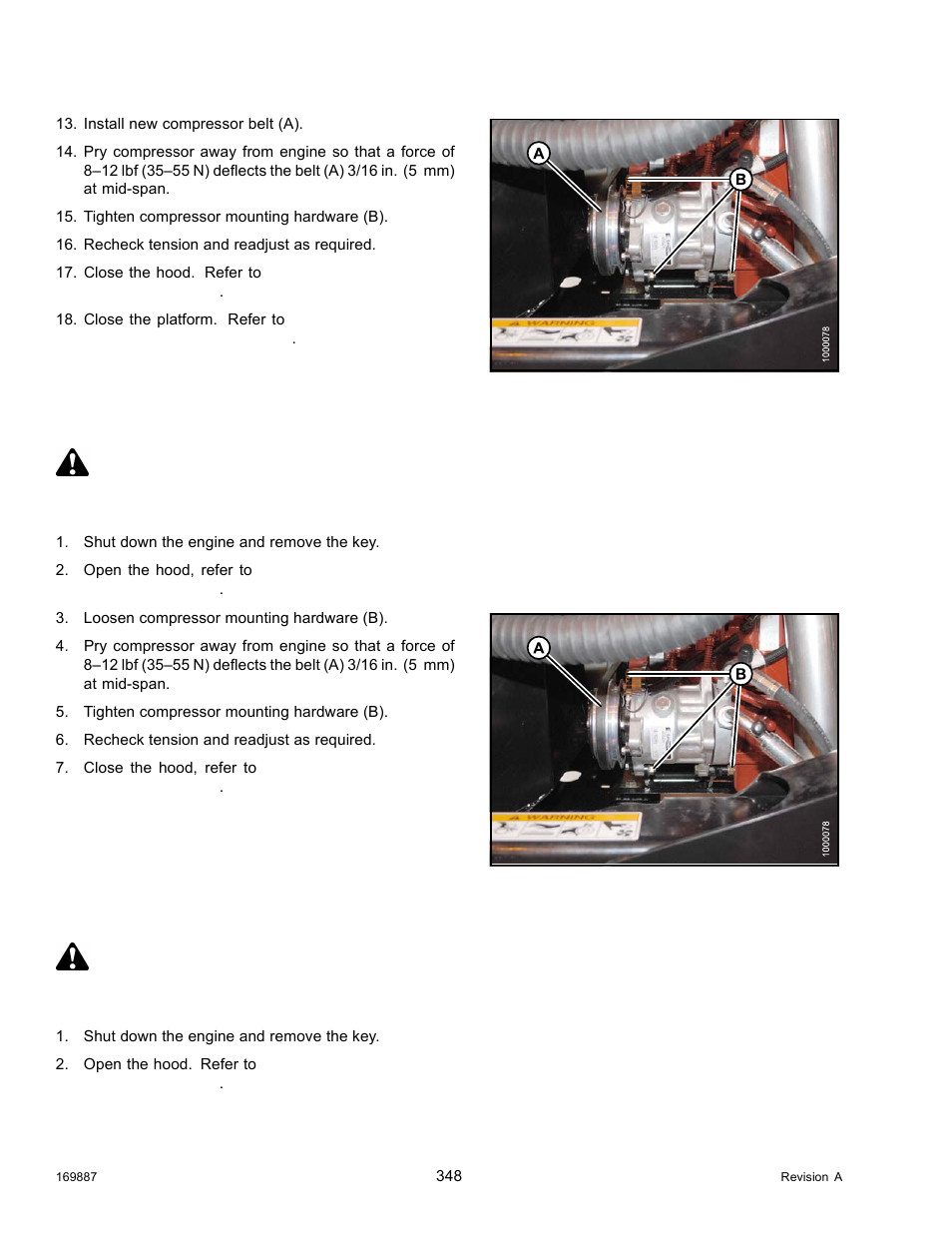 Tensioning air conditioner (a/c) compressor belt, Replacing air conditioner a/c compressor belt, Tensioning air conditioner (a/c) | Danger | MacDon M205 Operators Manual User Manual | Page 364 / 482