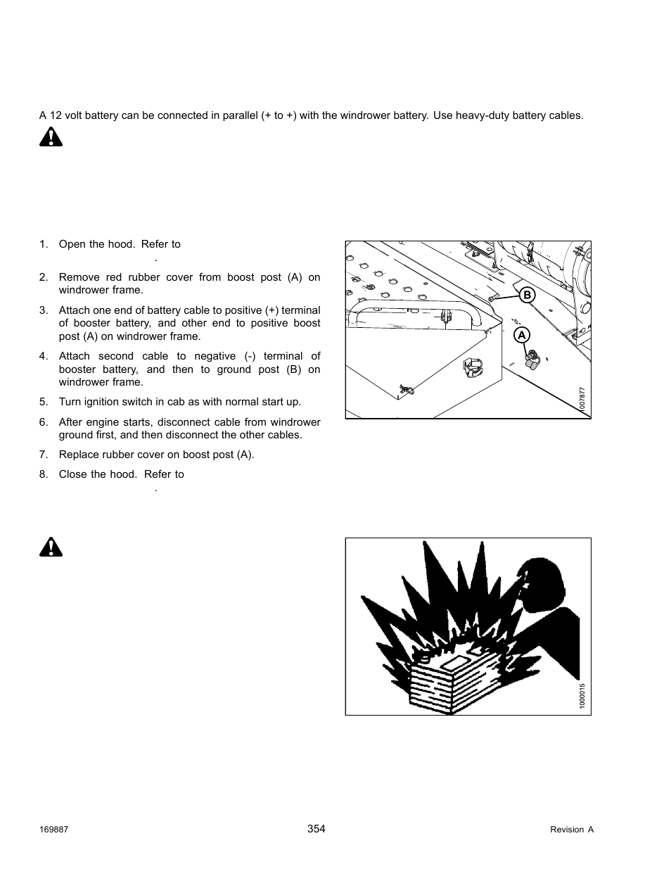 Boosting the battery, Adding electrolyte to the battery, Caution | Warning | MacDon M205 Operators Manual User Manual | Page 370 / 482