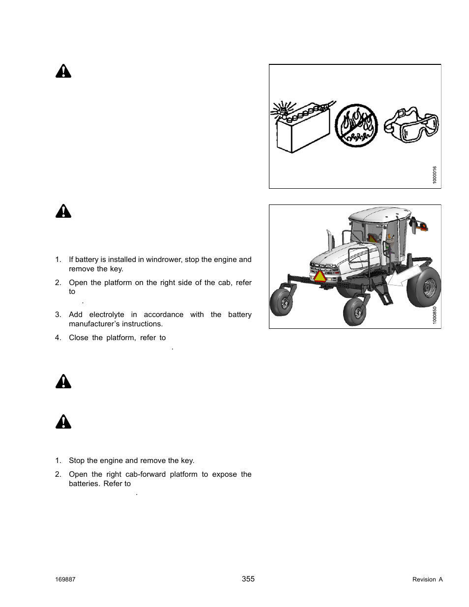 Removing batteries, Warning, Danger | Caution | MacDon M205 Operators Manual User Manual | Page 371 / 482