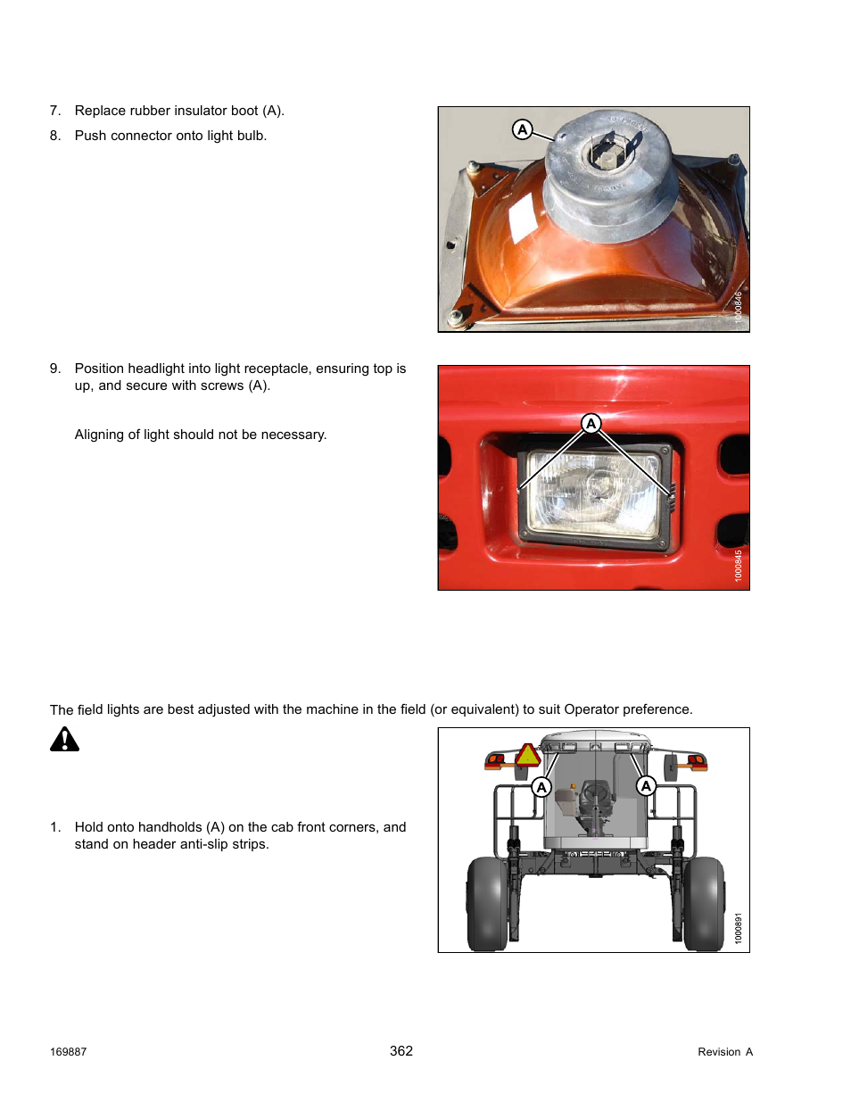 Field lights: cab-forward, Adjusting field lights, Danger | MacDon M205 Operators Manual User Manual | Page 378 / 482