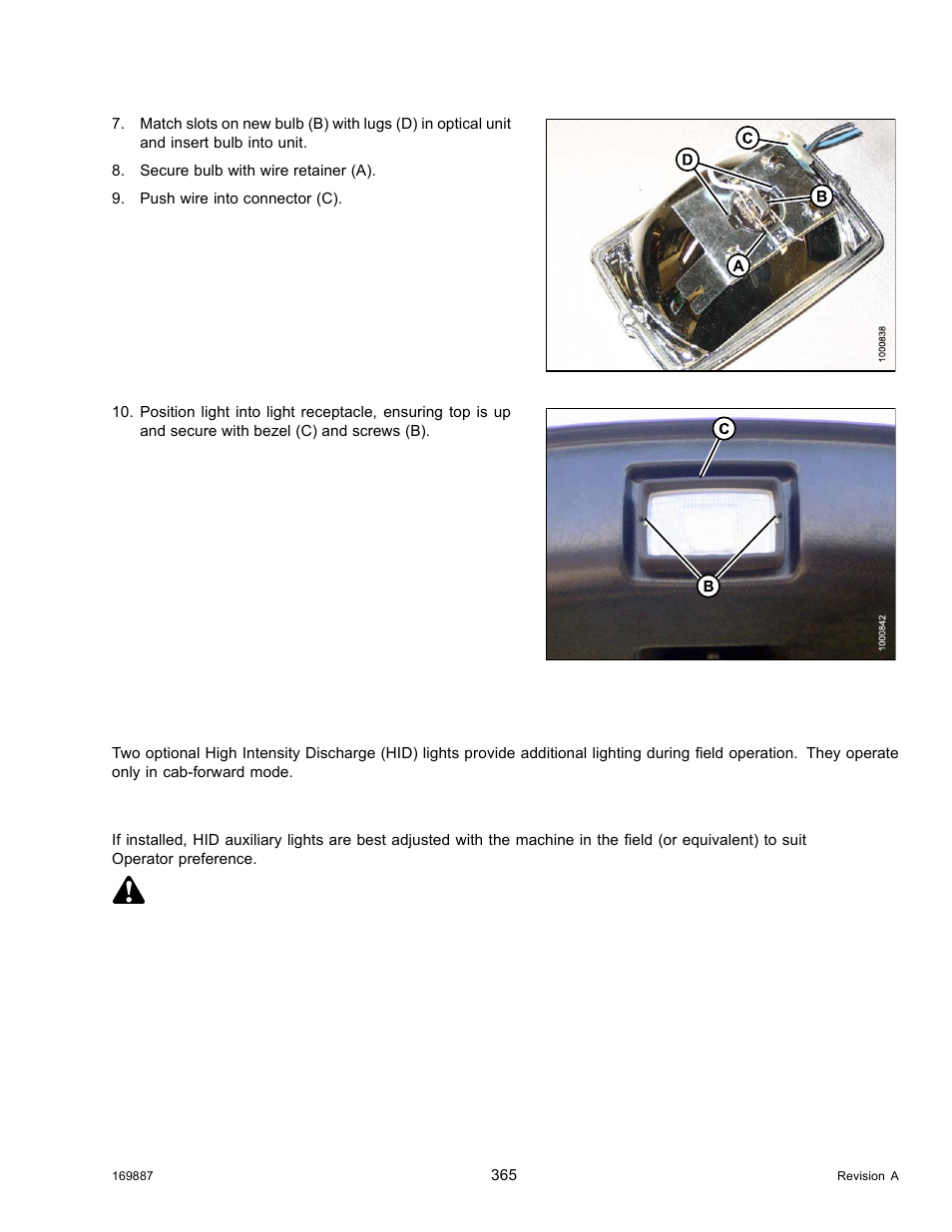 Hid auxiliary lighting (optional - md #b5596), Adjusting hid auxiliary lights (if installed), Danger | MacDon M205 Operators Manual User Manual | Page 381 / 482