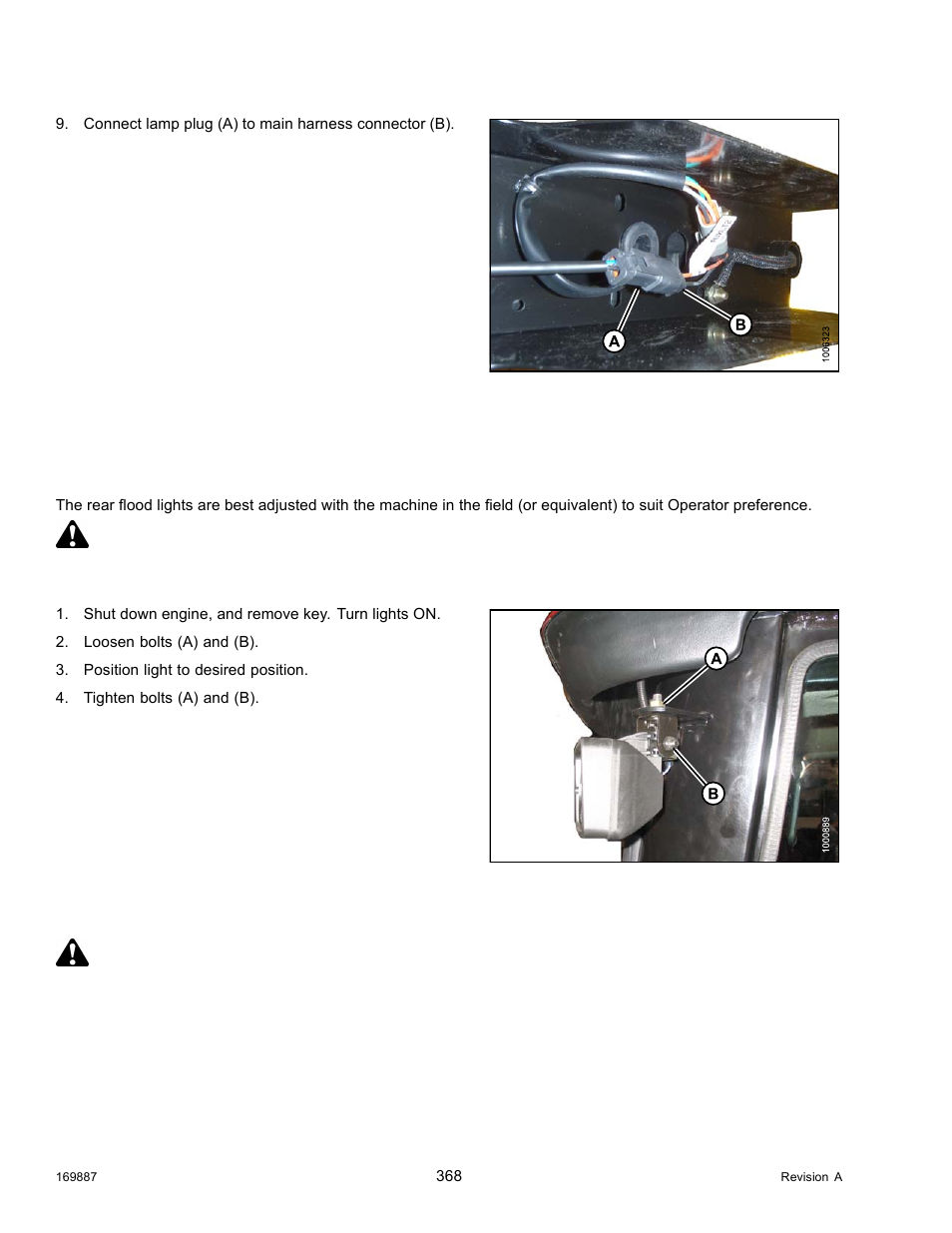 Flood lights: rear, Adjusting rear flood lights, Replacing bulb in rear flood light | Danger | MacDon M205 Operators Manual User Manual | Page 384 / 482