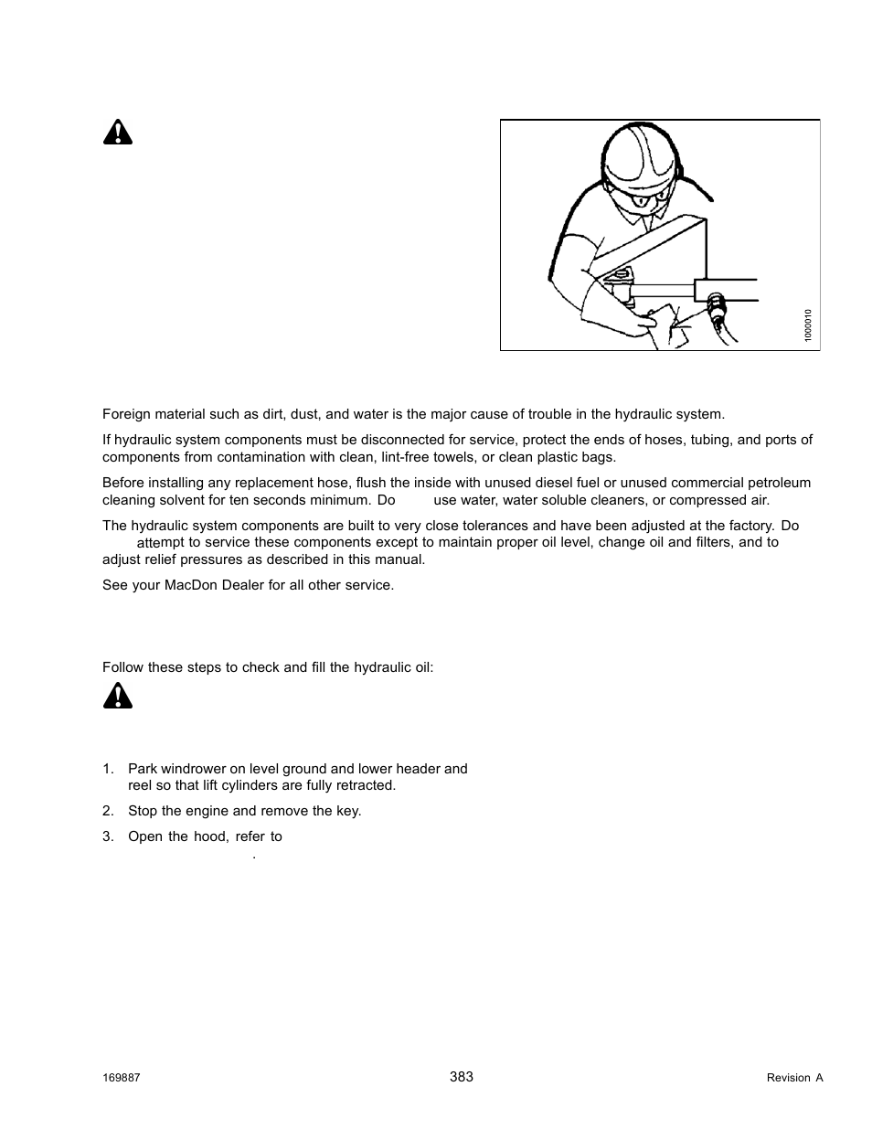 Checking and filling hydraulic oil, Warning, Danger | MacDon M205 Operators Manual User Manual | Page 399 / 482