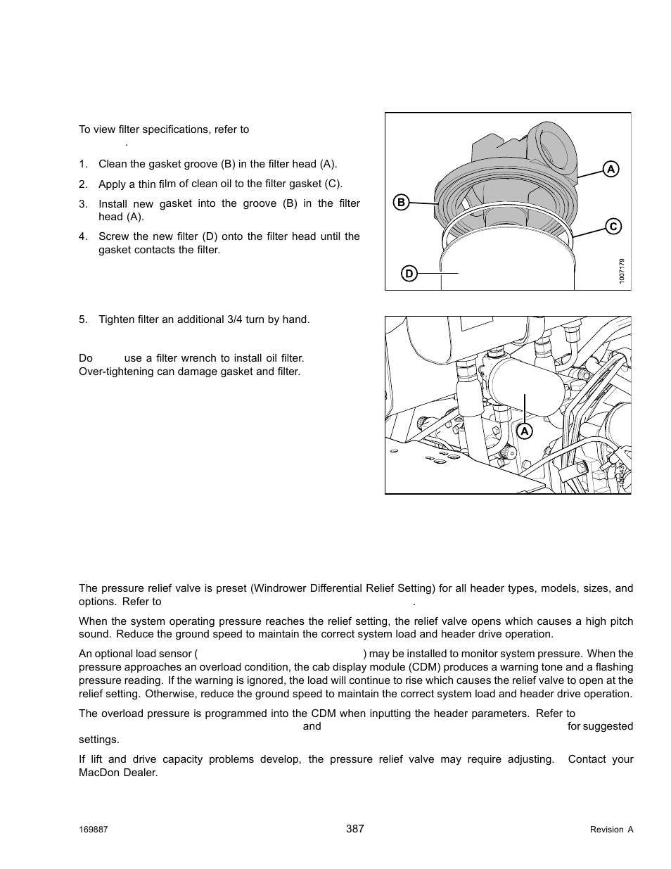 Installing lift filter, Header and reel hydraulics, Relief valve and overload settings | MacDon M205 Operators Manual User Manual | Page 403 / 482
