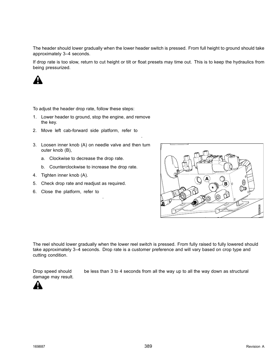 Adjusting header drop rate, Adjusting reel drop rate, Danger | MacDon M205 Operators Manual User Manual | Page 405 / 482