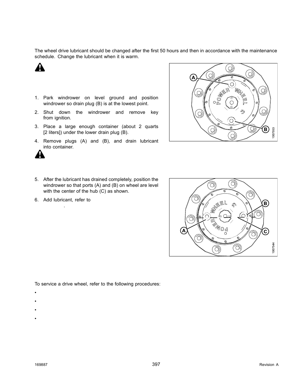 Changing wheel drive lubricant, Servicing drive wheel, Danger | Caution | MacDon M205 Operators Manual User Manual | Page 413 / 482