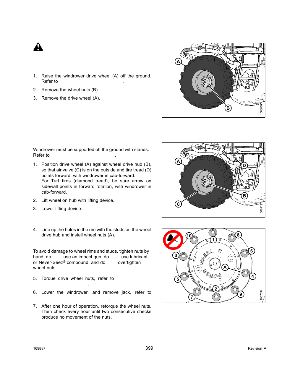 Removing drive wheel, Installing drive wheel, Caution | MacDon M205 Operators Manual User Manual | Page 415 / 482