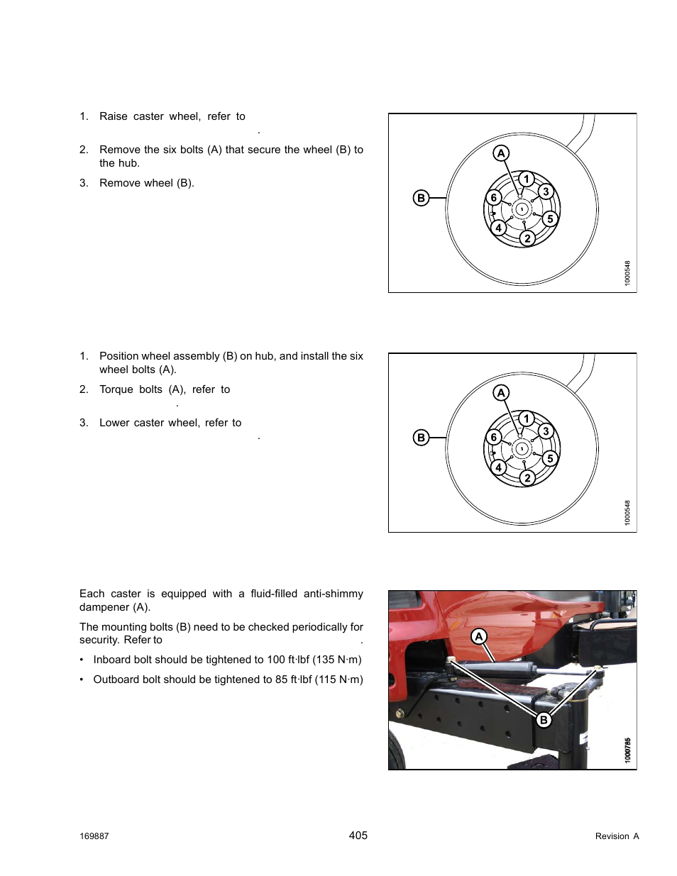 Removing formed caster wheel, Installing formed caster wheel, Tightening caster wheel anti-shimmy dampeners | MacDon M205 Operators Manual User Manual | Page 421 / 482