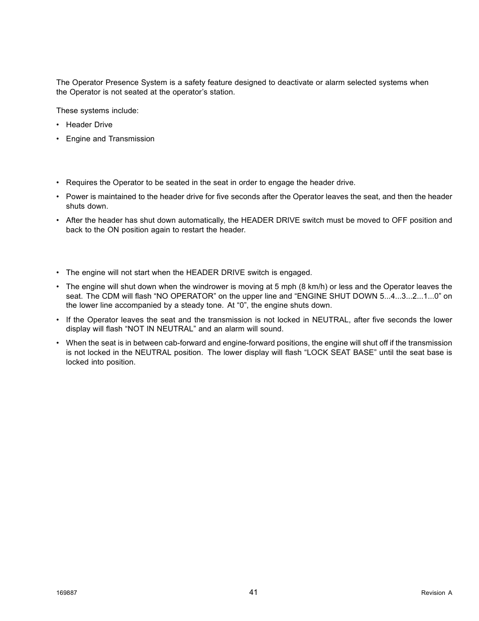 2operator presence system, 1header drive, 2engine and transmission | Operator presence system, Header drive, Engine and transmission, 2 operator presence system, 1 header drive, 2 engine and transmission | MacDon M205 Operators Manual User Manual | Page 57 / 482