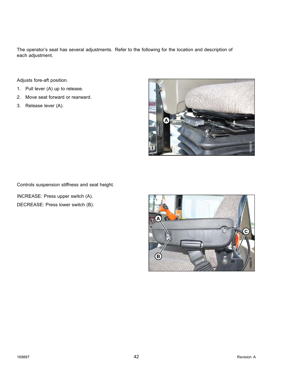 3operator’s seat adjustments, 1fore-aft, 2seat suspension and height | Operator’s seat adjustments, Fore-aft, Seat suspension and height, 3 operator’s seat adjustments, 1 fore-aft, 2 seat suspension and height | MacDon M205 Operators Manual User Manual | Page 58 / 482