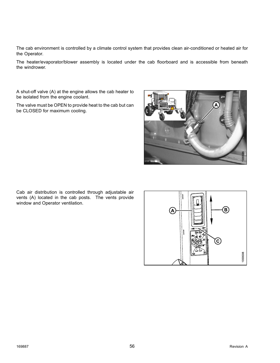 10cab temperature, 1heater shut-off, 2air distribution | Cab temperature, Heater shut-off, Air distribution, 10 cab temperature, 1 heater shut-off, 2 air distribution | MacDon M205 Operators Manual User Manual | Page 72 / 482