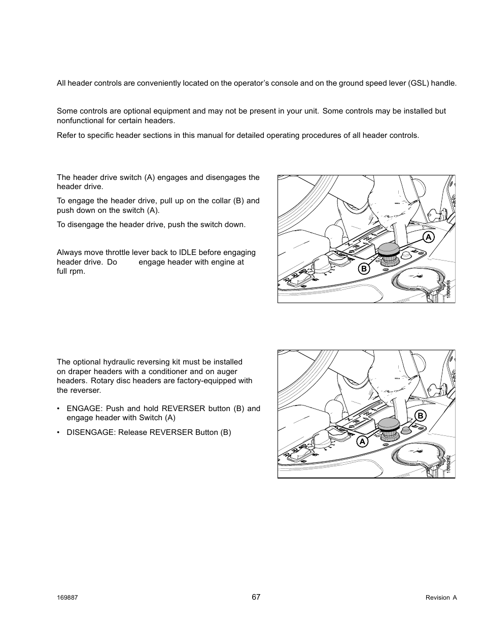 17header controls, 1header drive switch, 2header drive reverse button | Header controls, Header drive switch, Header drive reverse button, 17 header controls, 1 header drive switch, 2 header drive reverse button | MacDon M205 Operators Manual User Manual | Page 83 / 482