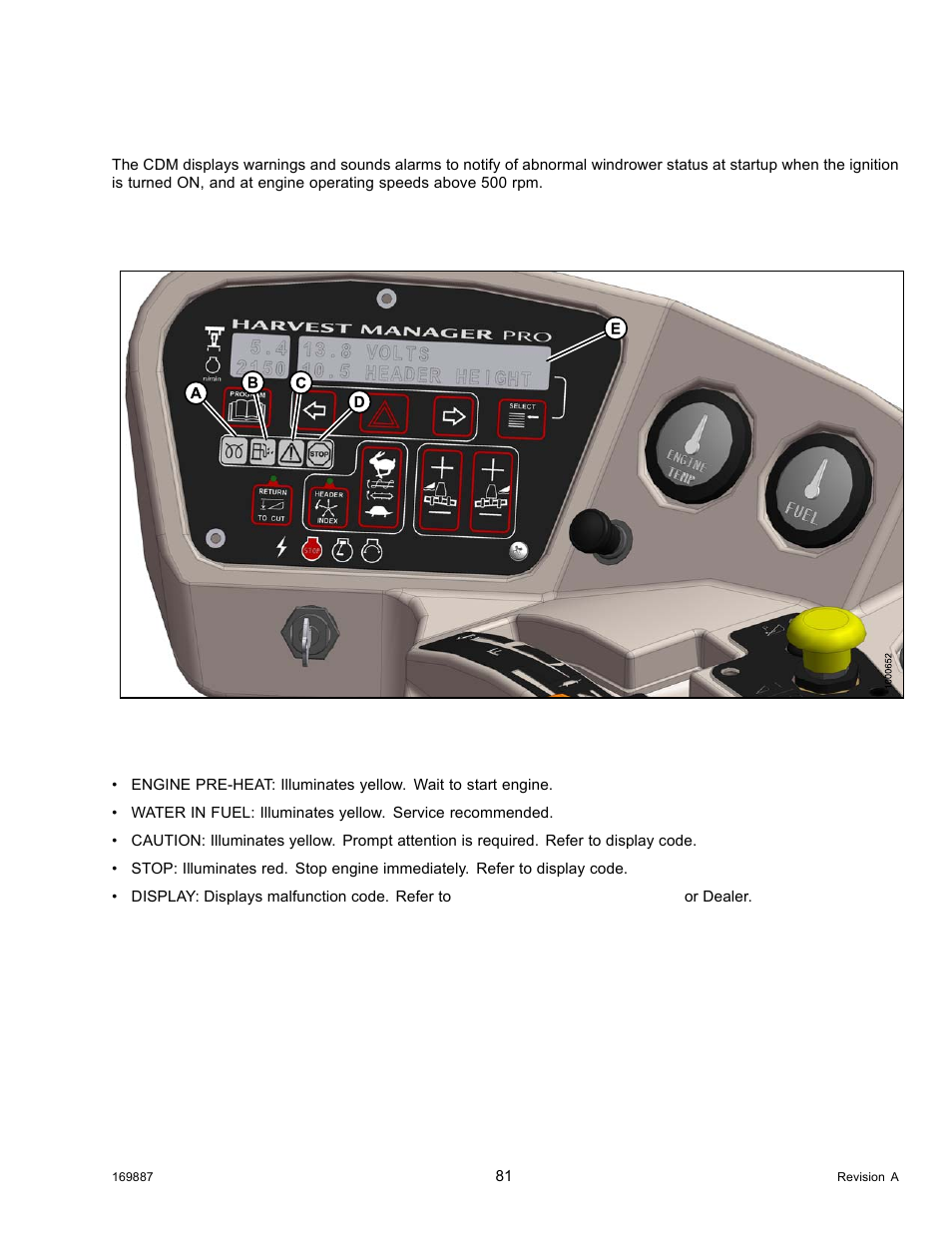 4cab display module (cdm) warning/alarms, Engine warning lights, Cab display module (cdm) warning/alarms | 4 cab display module (cdm) warning/alarms | MacDon M205 Operators Manual User Manual | Page 97 / 482