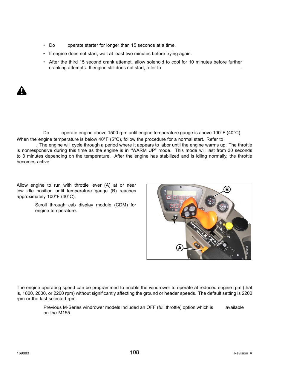 Cold start, Engine warm-up, Engine intermediate speed control (isc) | Warning | MacDon M155 Operators Manual User Manual | Page 124 / 458