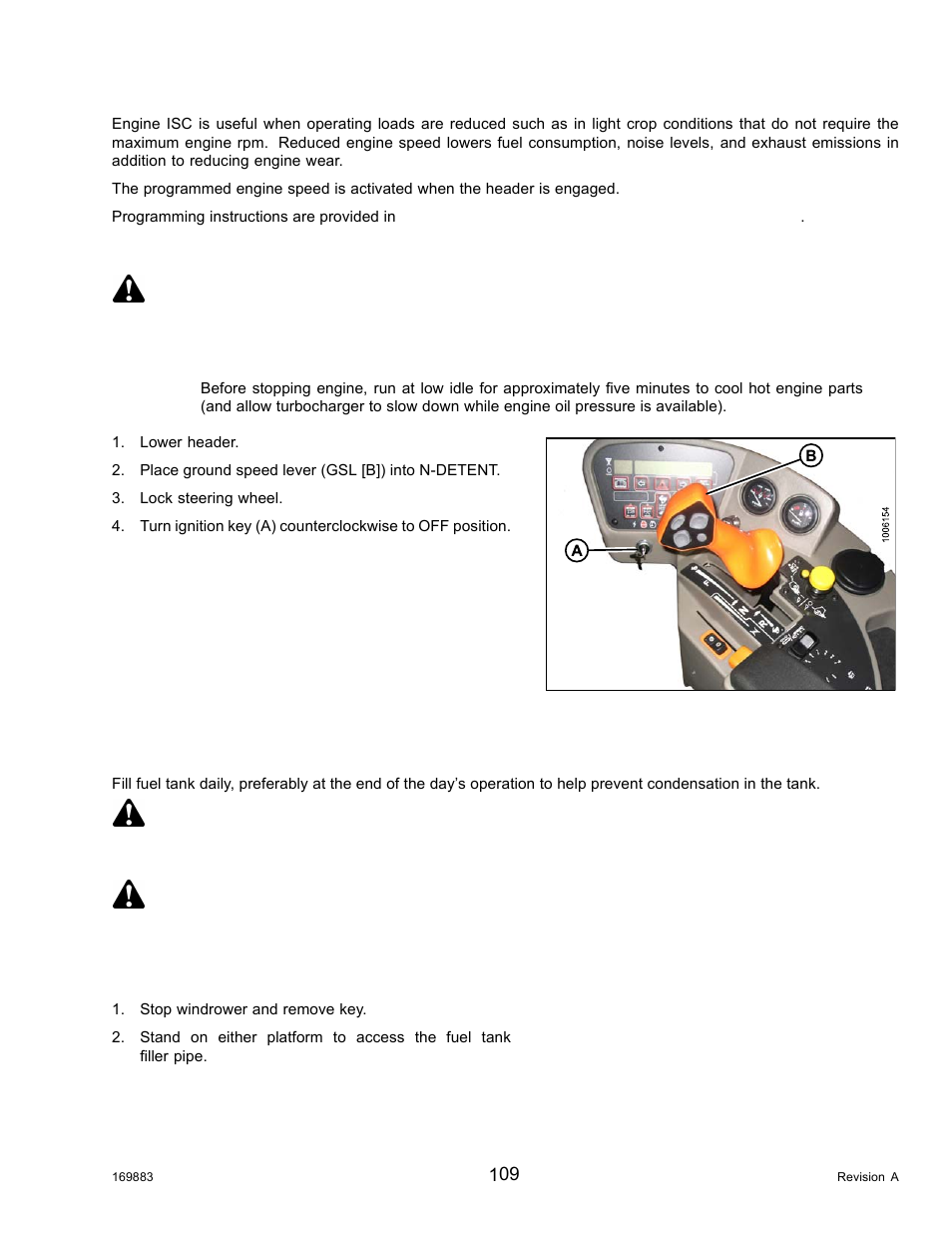 Shutting down the engine, Fuelling, Shutting down the engine fuelling | Caution, Warning | MacDon M155 Operators Manual User Manual | Page 125 / 458