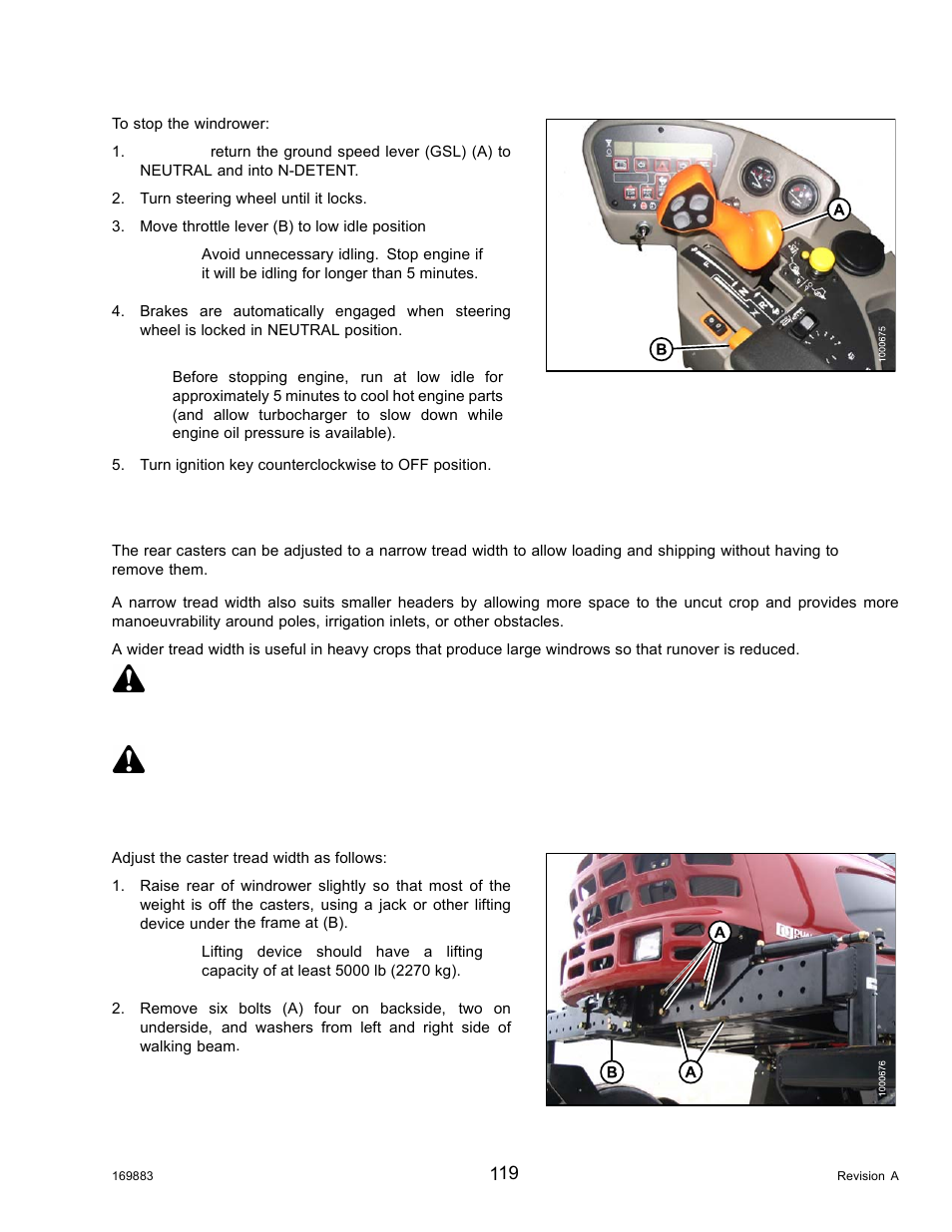 7adjusting caster tread width, Adjusting caster tread width, 7 adjusting caster tread width | Caution, Danger | MacDon M155 Operators Manual User Manual | Page 135 / 458