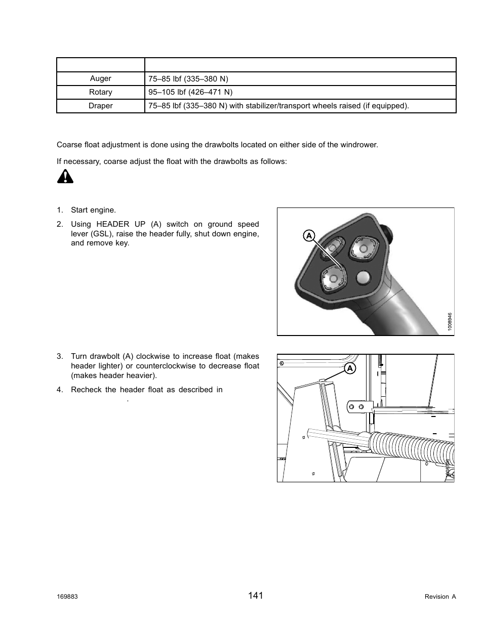 Adjusting float using drawbolts, Caution | MacDon M155 Operators Manual User Manual | Page 157 / 458