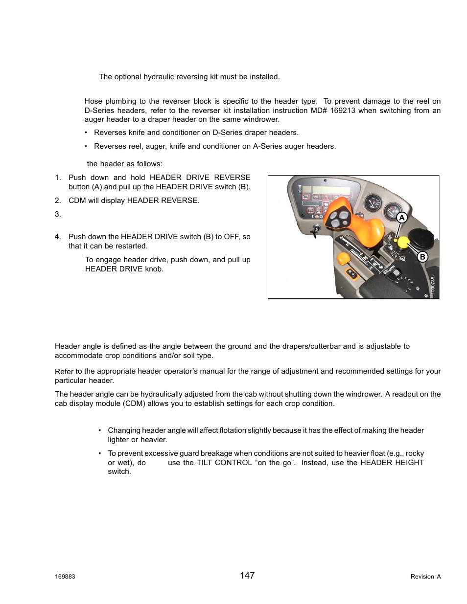 Reversing the header, 5adjusting header angle, Adjusting header angle | 5 adjusting header angle | MacDon M155 Operators Manual User Manual | Page 163 / 458