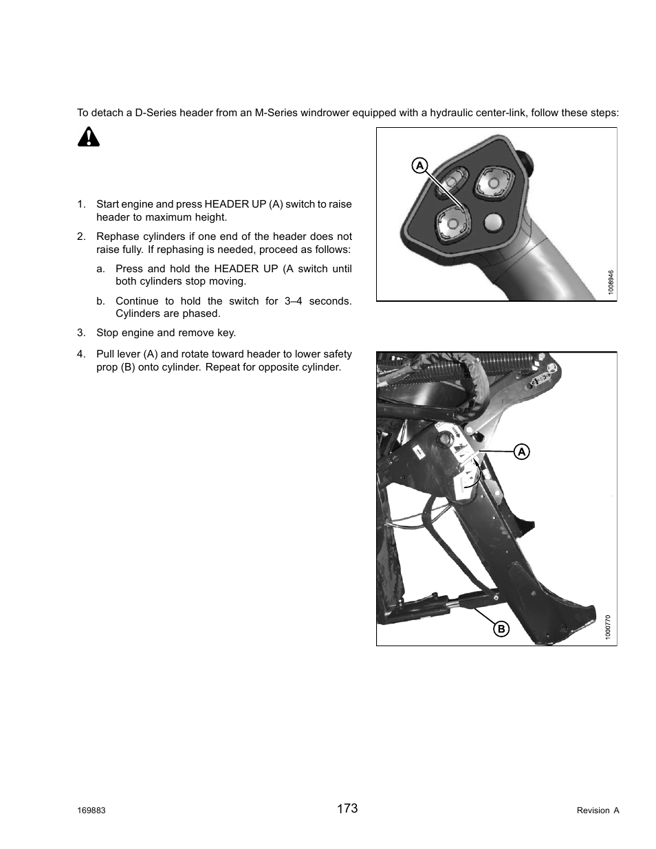 Detaching a d-series header: hydraulic center-link, Danger | MacDon M155 Operators Manual User Manual | Page 189 / 458