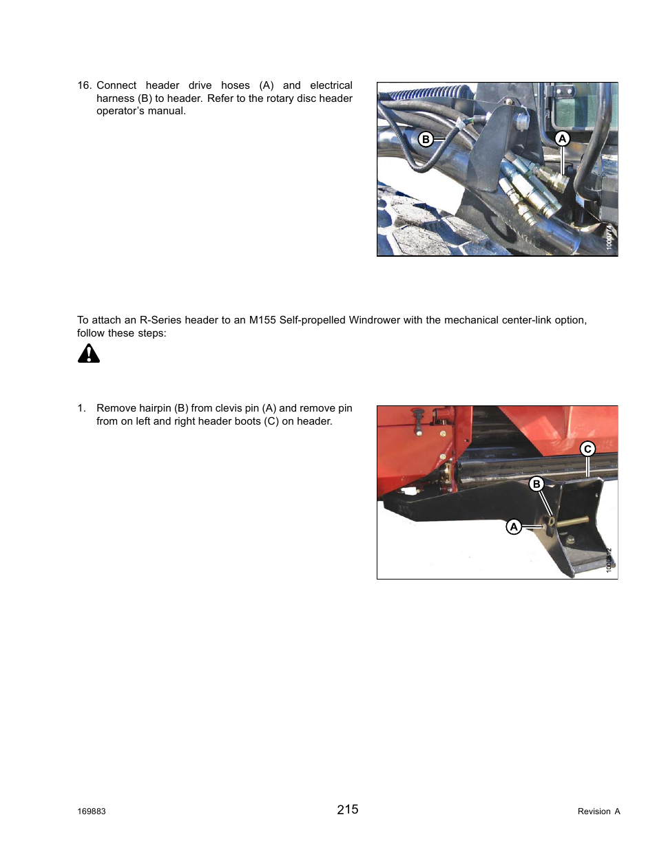 Attaching, R-series, Header | Mechanical, Danger | MacDon M155 Operators Manual User Manual | Page 231 / 458