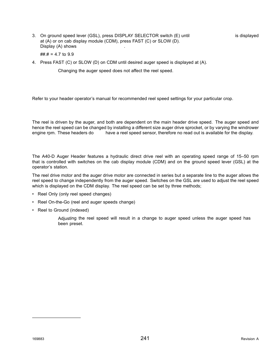 2reel speed, Reel speed on a30-d headers, Reel speed on a40-d headers | Reel speed, 2 reel speed | MacDon M155 Operators Manual User Manual | Page 257 / 458