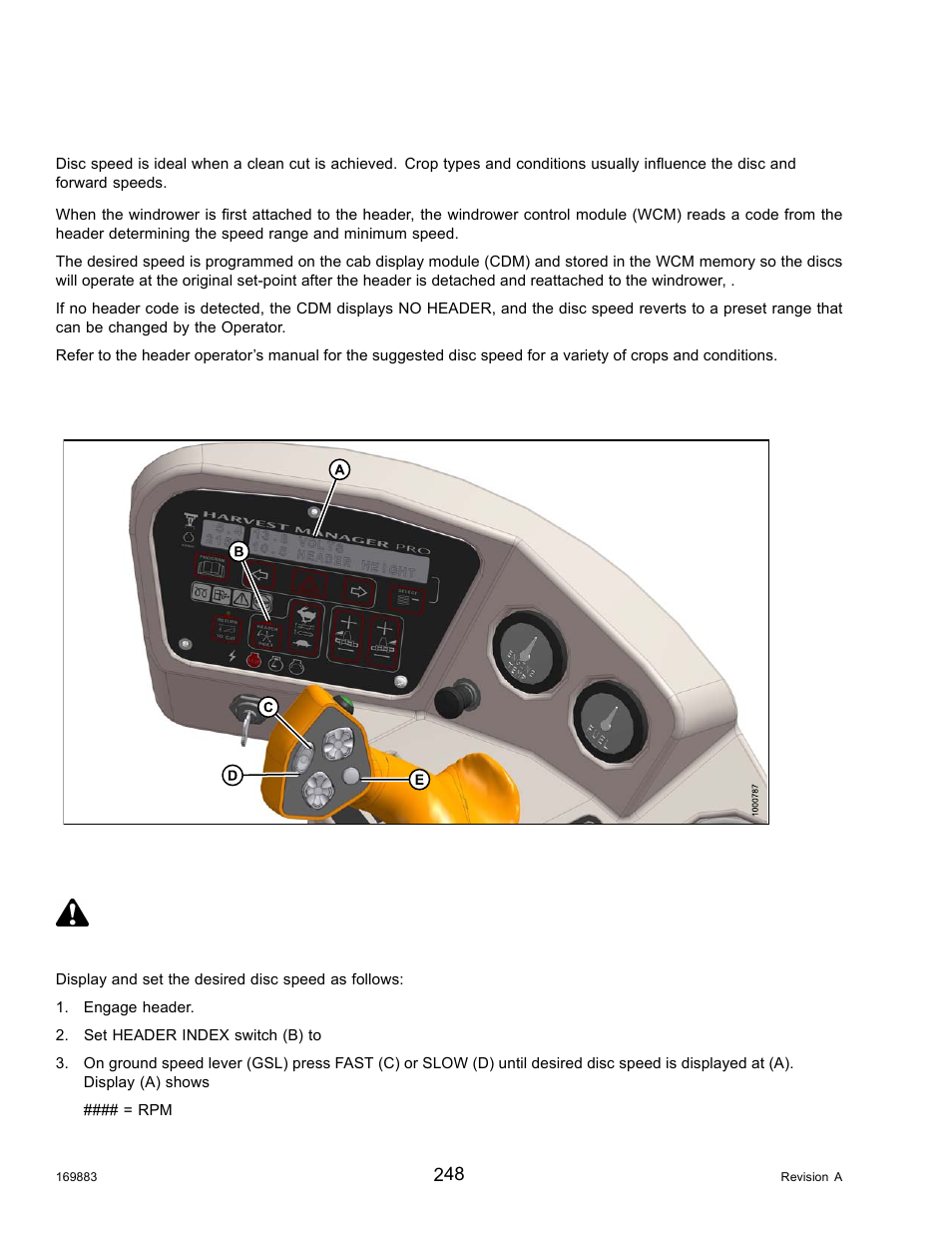 9disc speed, 1setting disc speed, Disc speed | Setting disc speed, 9 disc speed, 1 setting disc speed, Caution | MacDon M155 Operators Manual User Manual | Page 264 / 458