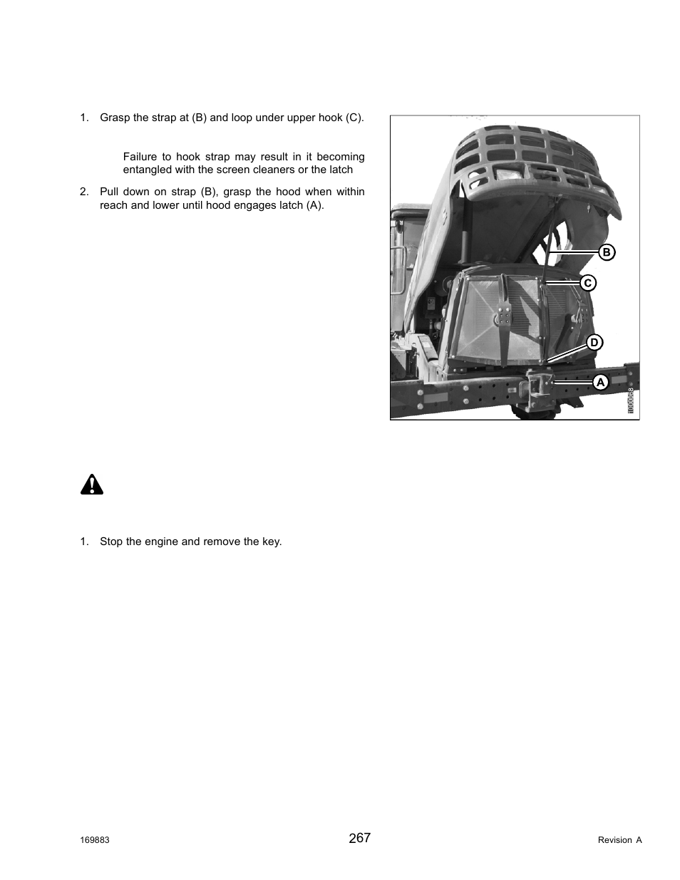 2closing hood (lower position), 3opening hood (highest position), Closing hood (lower position) | Opening hood (highest position), 2 closing hood (lower position), 3 opening hood (highest position) danger | MacDon M155 Operators Manual User Manual | Page 283 / 458