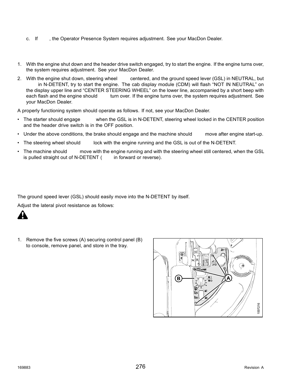 Checking engine interlock, 3ground speed lever (gsl) adjustments, Ground speed lever (gsl) adjustments | 3 ground speed lever (gsl) adjustments, Danger | MacDon M155 Operators Manual User Manual | Page 292 / 458