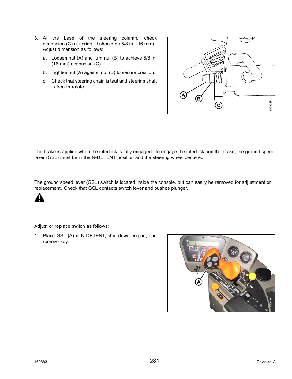 5park brake, Adjusting and replacing interlock switch, Park brake | 5 park brake, Danger | MacDon M155 Operators Manual User Manual | Page 297 / 458